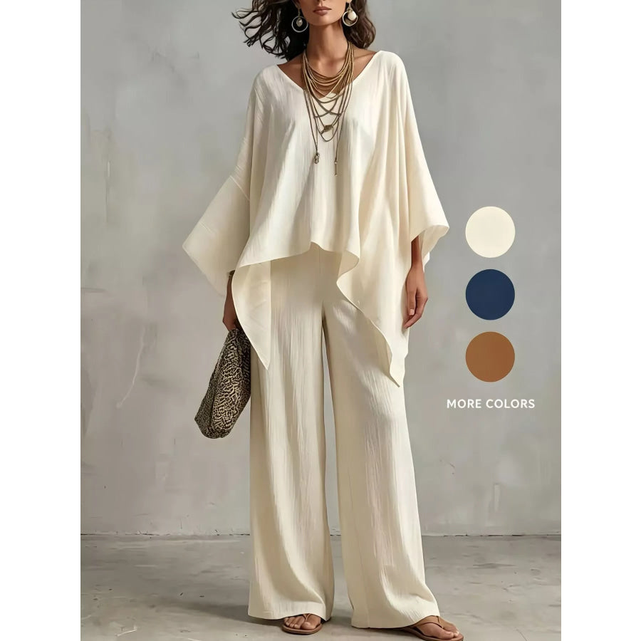 Full Size V-Neck Batwing Sleeve Top and Wide-Leg Pants Two-Piece Set Plus Size Beige / S Apparel and Accessories