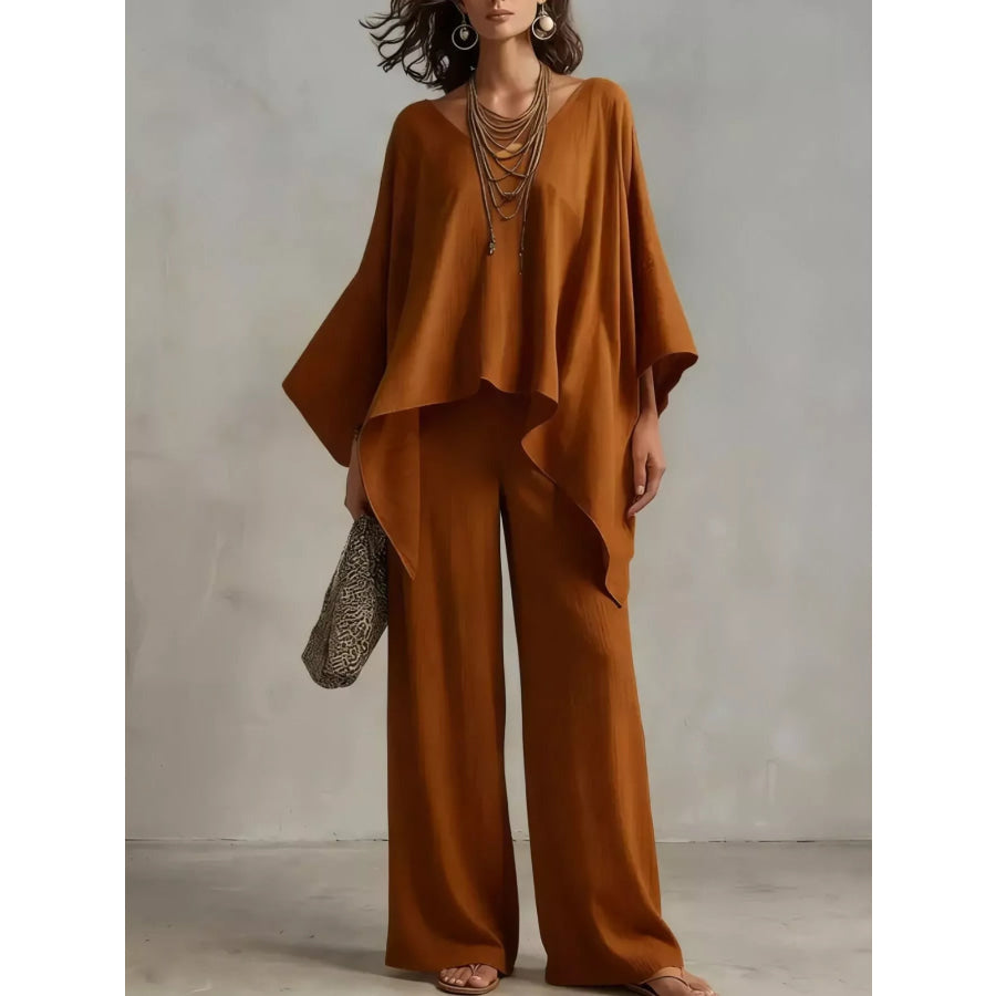 Full Size V-Neck Batwing Sleeve Top and Wide-Leg Pants Two-Piece Set Plus Size Brown / S Apparel and Accessories