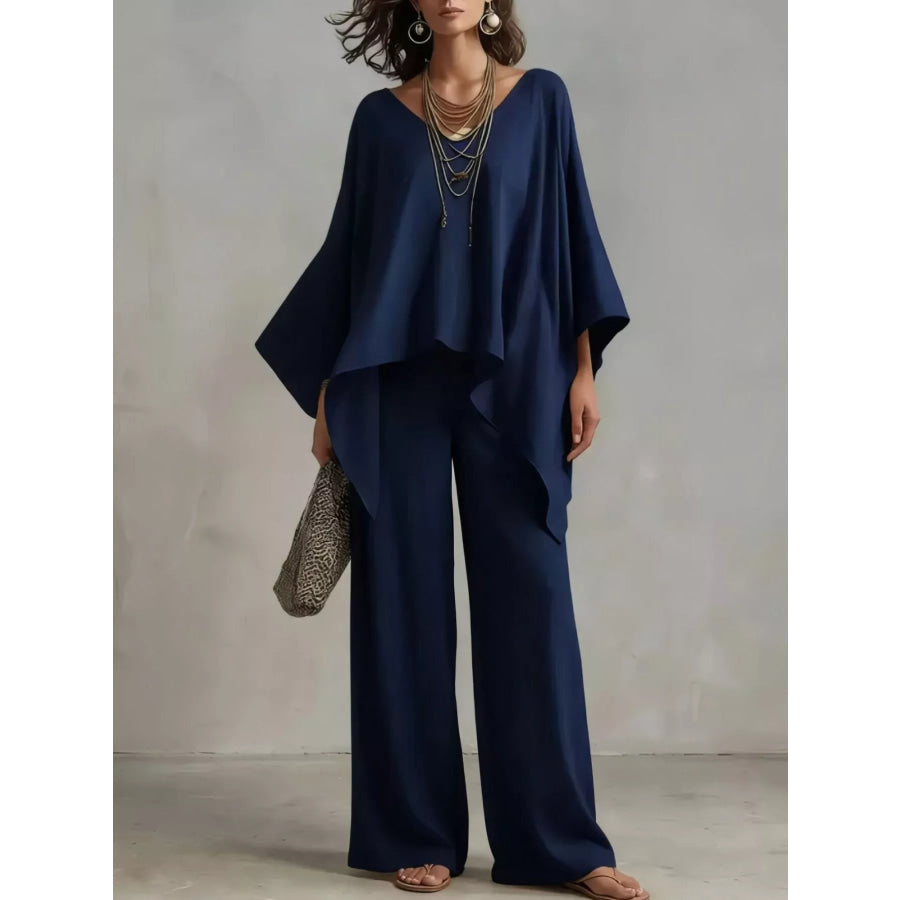 Full Size V-Neck Batwing Sleeve Top and Wide-Leg Pants Two-Piece Set Plus Size Navy Blue / S Apparel and Accessories