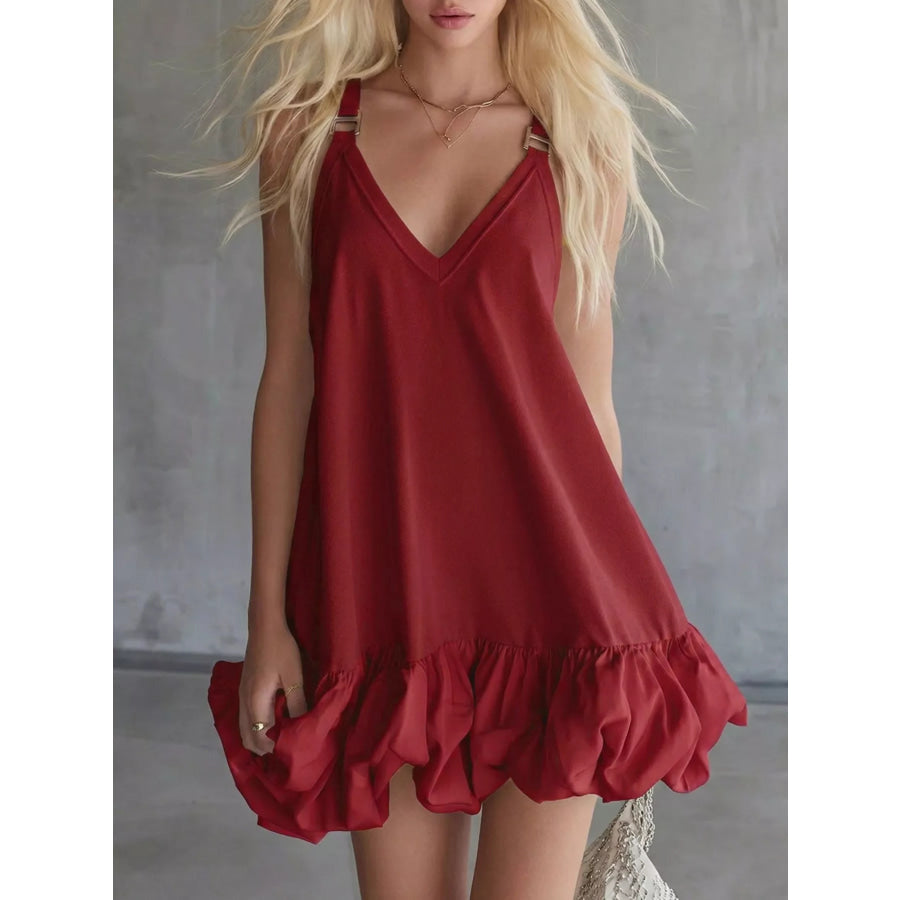 Full Size V-Neck Bubble Hem Mini Dress Plus Size Burgundy / XS Apparel and Accessories