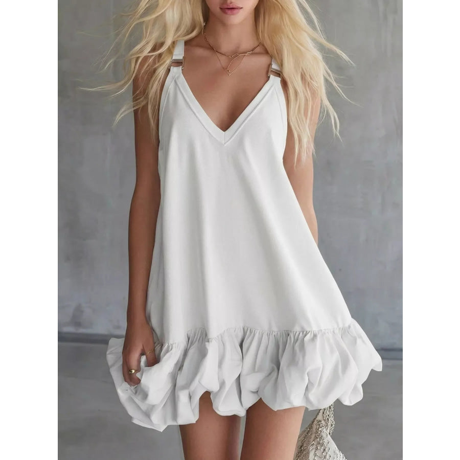 Full Size V-Neck Bubble Hem Mini Dress Plus Size White / XS Apparel and Accessories