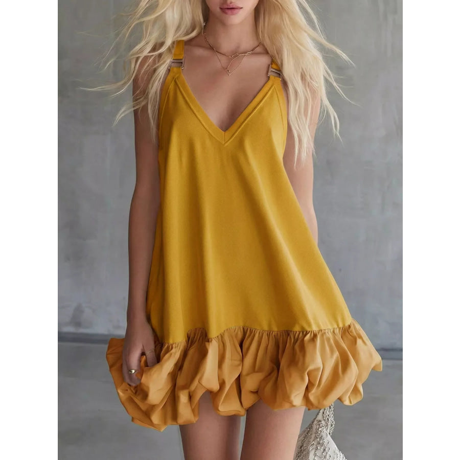 Full Size V-Neck Bubble Hem Mini Dress Plus Size Yellow / XS Apparel and Accessories