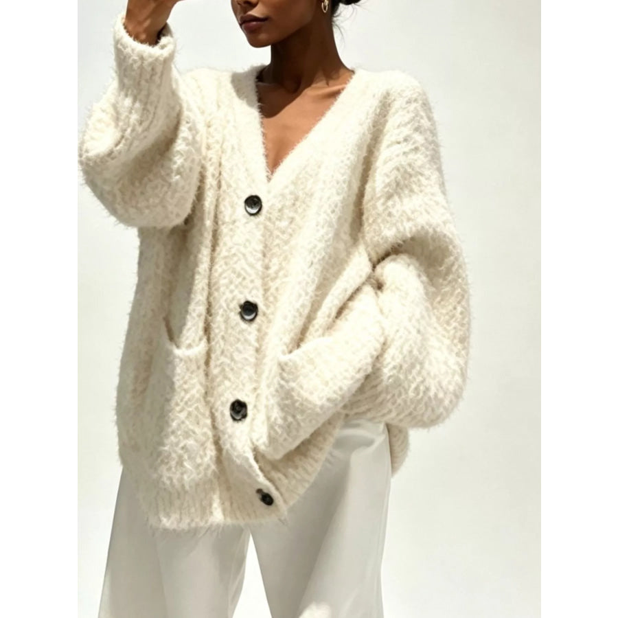 Full Size V-Neck Button-Down Cardigan Plus Size Cream / S Apparel and Accessories