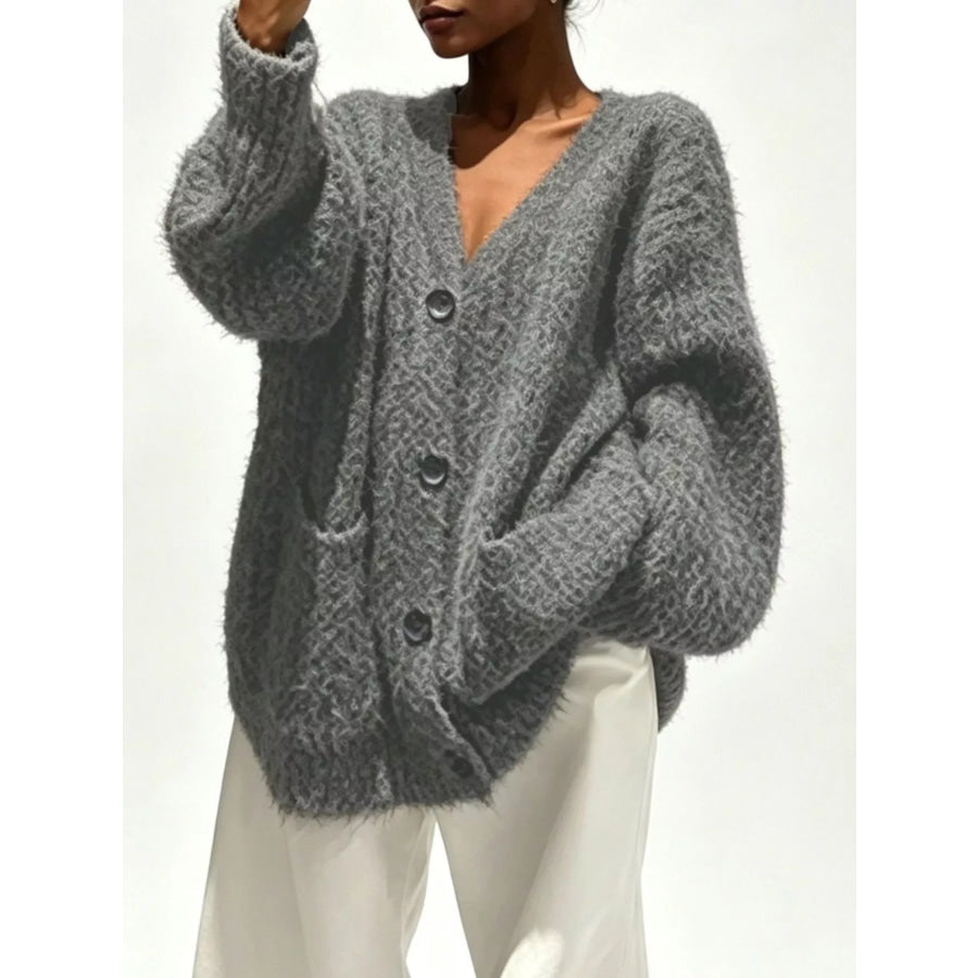 Full Size V-Neck Button-Down Cardigan Plus Size Dark Gray / S Apparel and Accessories