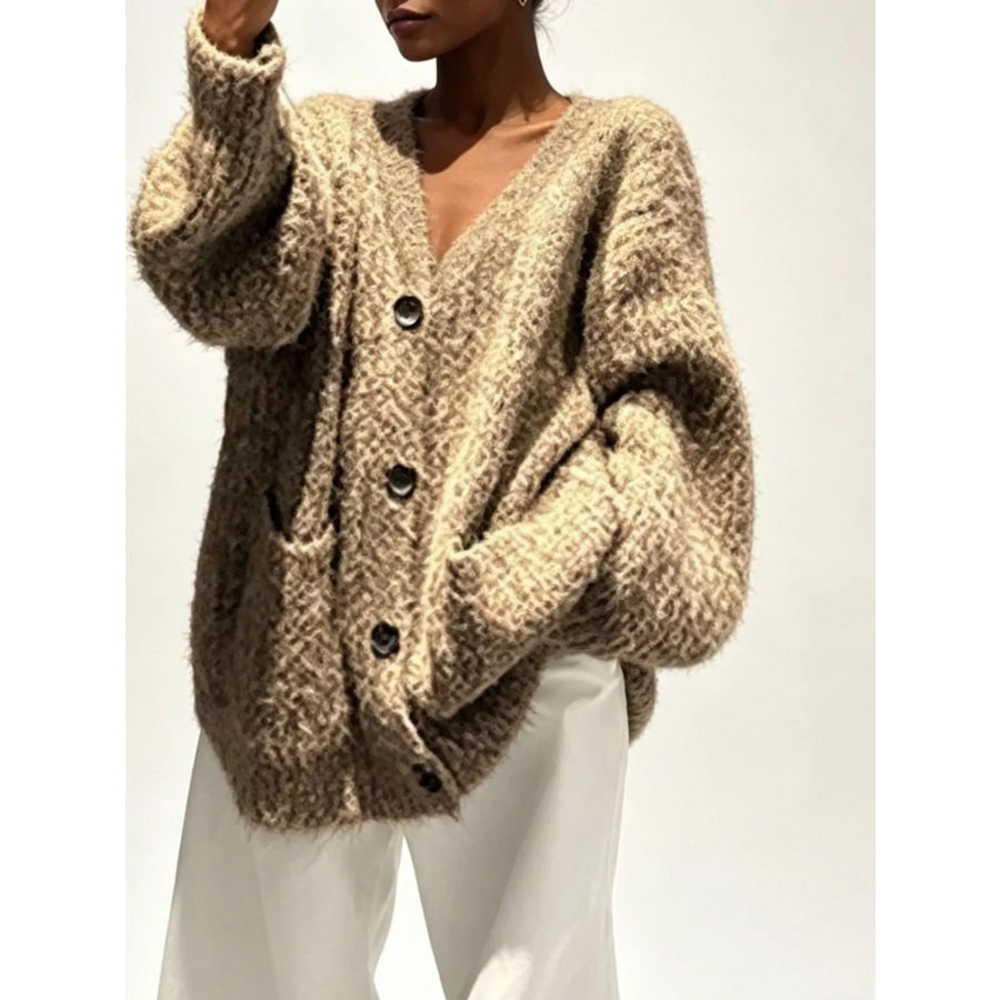 Full Size V-Neck Button-Down Cardigan Plus Size Tan / S Apparel and Accessories