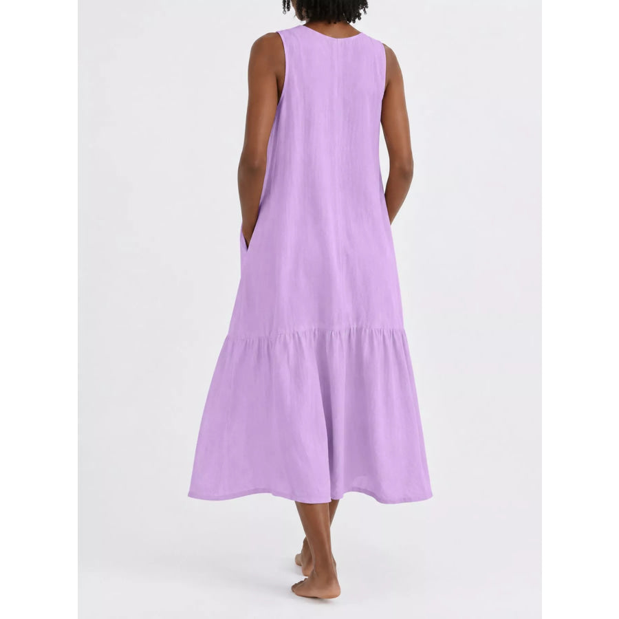 Full Size V-Neck Button Front Sleeveless Midi Dress Plus Apparel and Accessories