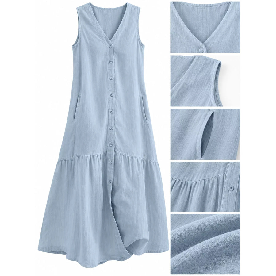 Full Size V-Neck Button Front Sleeveless Midi Dress Plus Apparel and Accessories