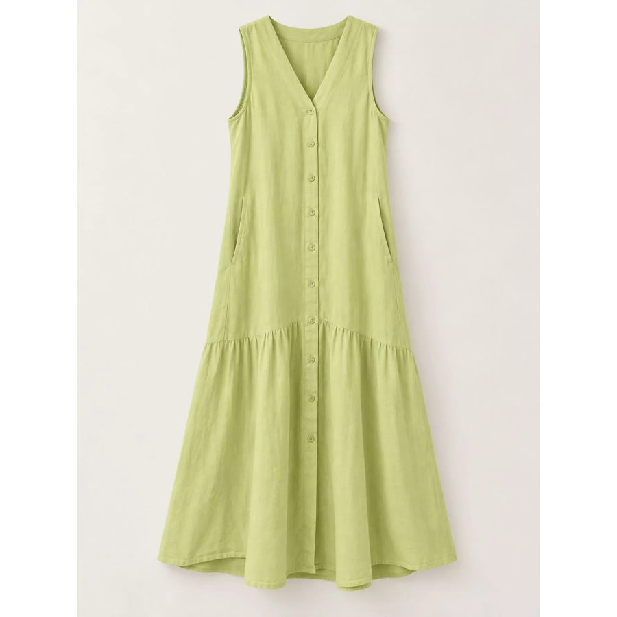 Full Size V-Neck Button Front Sleeveless Midi Dress Plus Apparel and Accessories