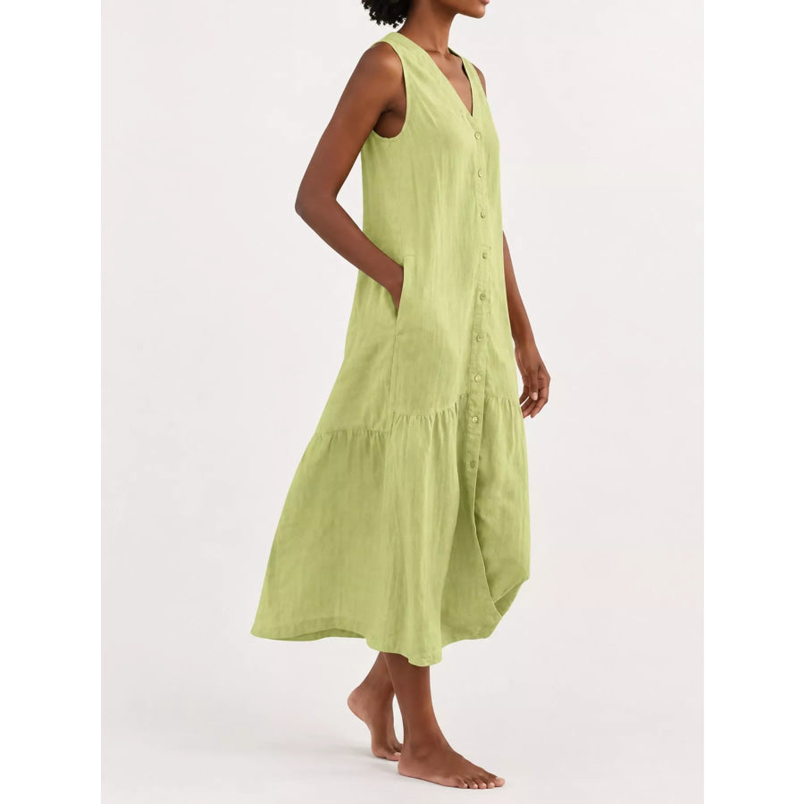 Full Size V-Neck Button Front Sleeveless Midi Dress Plus Apparel and Accessories