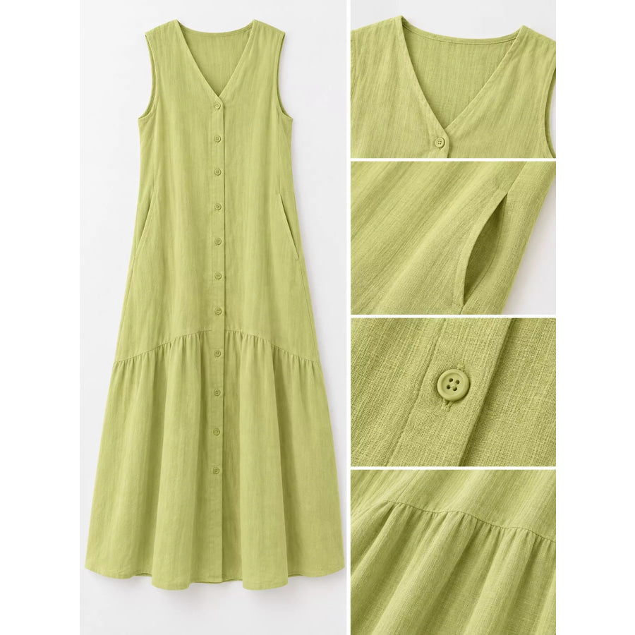 Full Size V-Neck Button Front Sleeveless Midi Dress Plus Apparel and Accessories