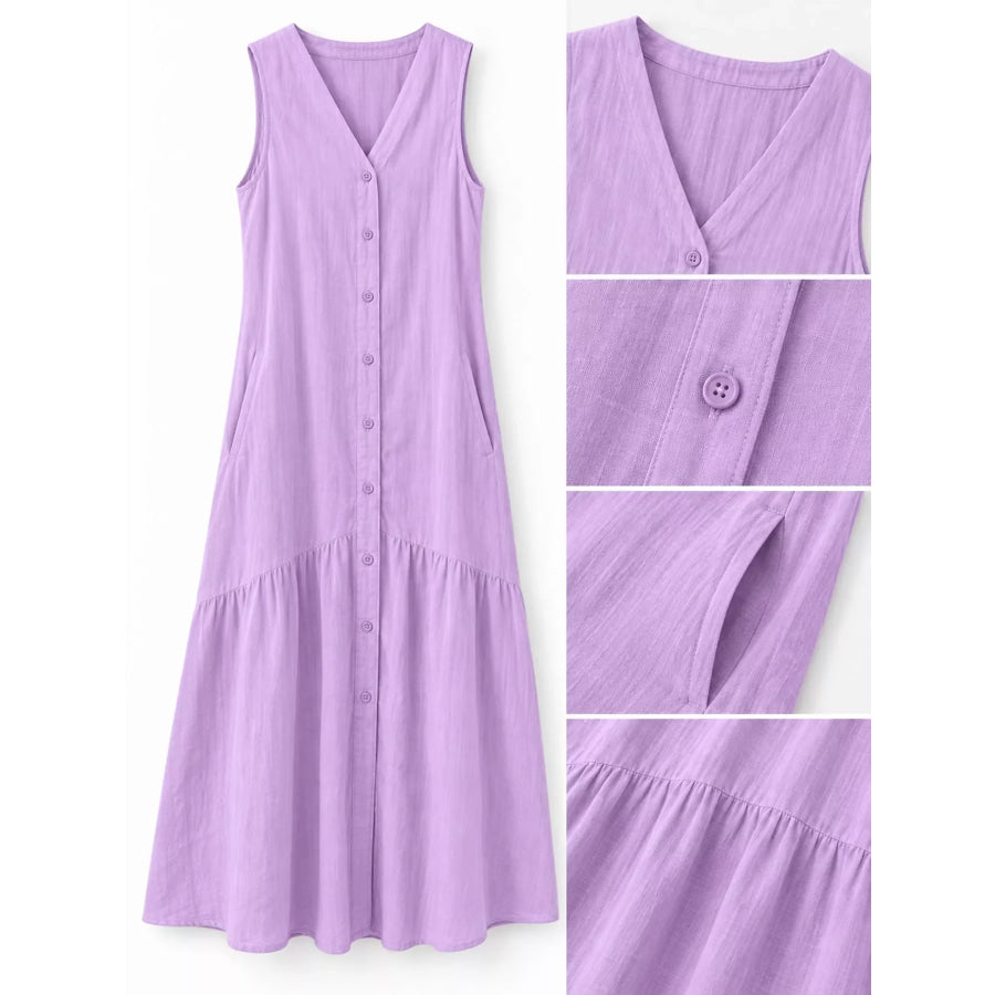 Full Size V-Neck Button Front Sleeveless Midi Dress Plus Apparel and Accessories