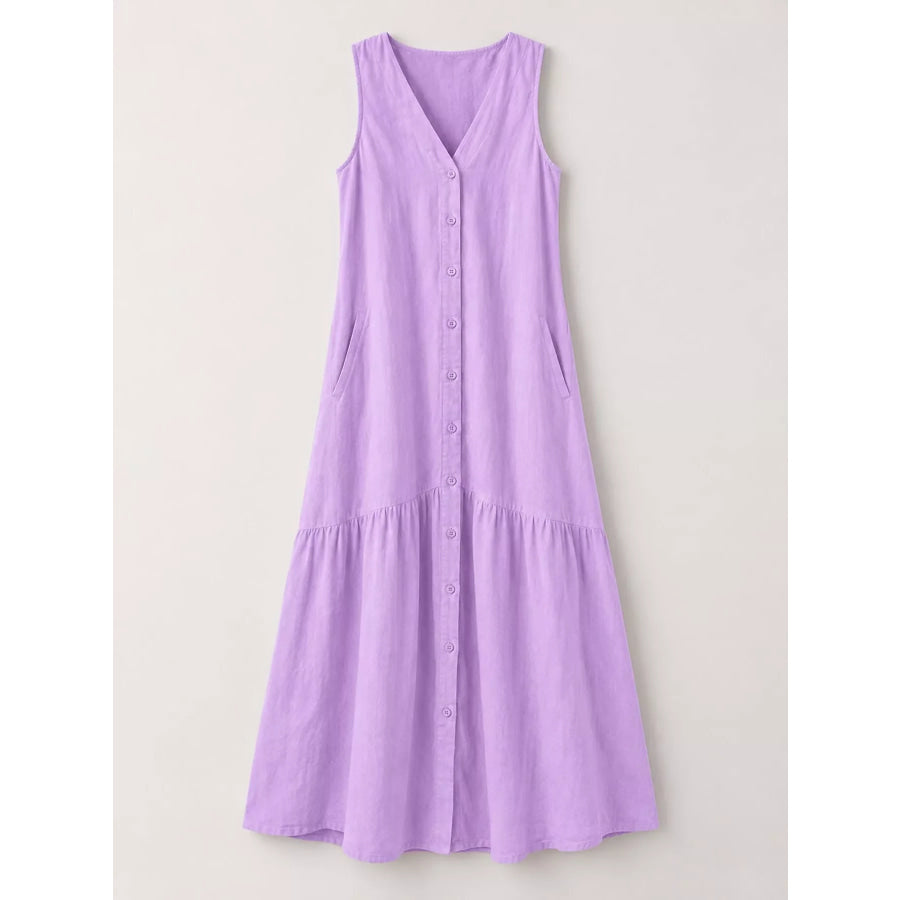Full Size V-Neck Button Front Sleeveless Midi Dress Plus Apparel and Accessories