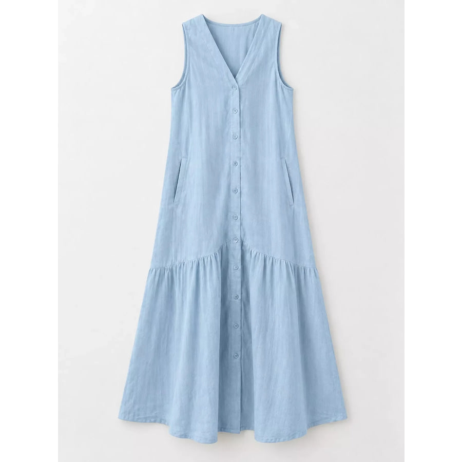 Full Size V-Neck Button Front Sleeveless Midi Dress Plus Apparel and Accessories
