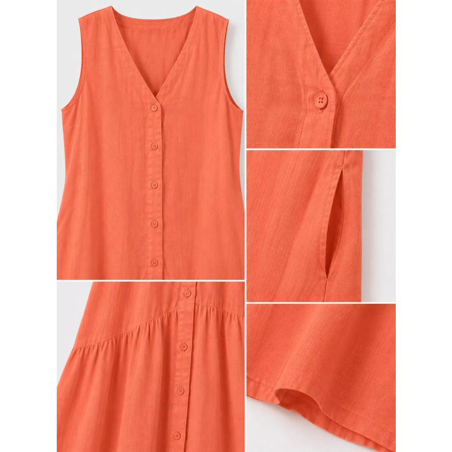 Full Size V-Neck Button Front Sleeveless Midi Dress Plus Apparel and Accessories