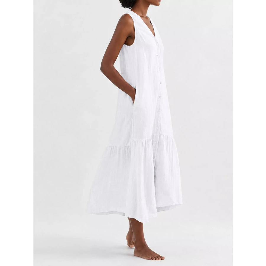 Full Size V-Neck Button Front Sleeveless Midi Dress Plus Apparel and Accessories