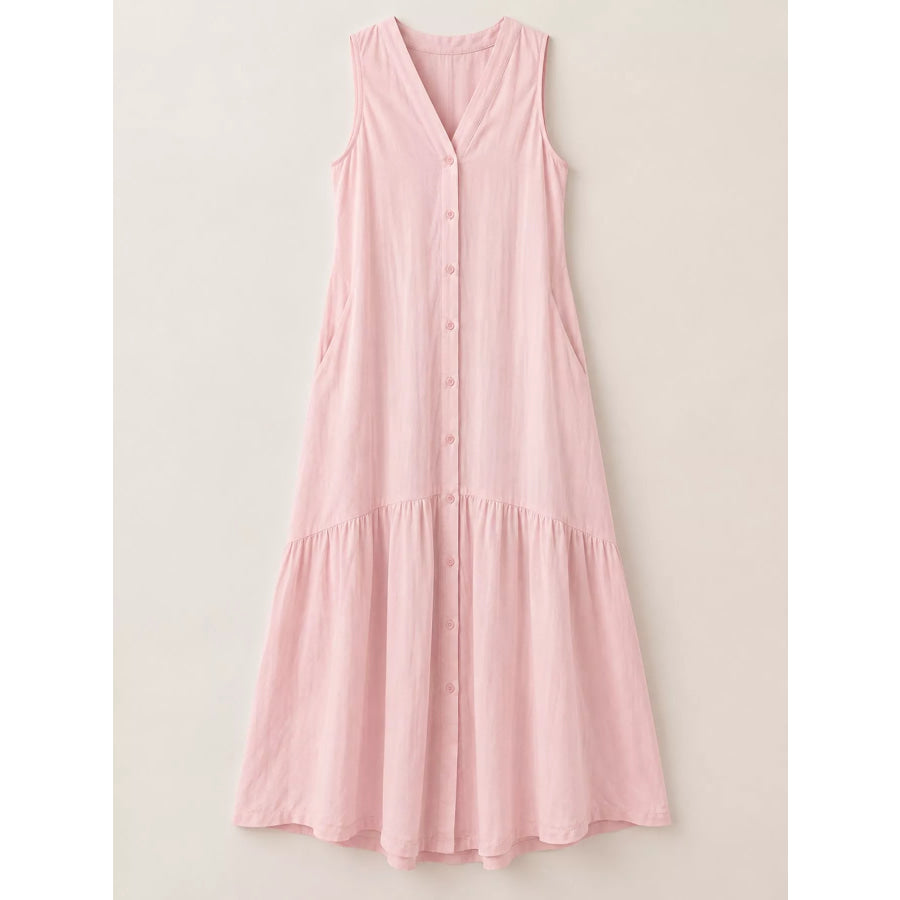 Full Size V-Neck Button Front Sleeveless Midi Dress Plus Apparel and Accessories