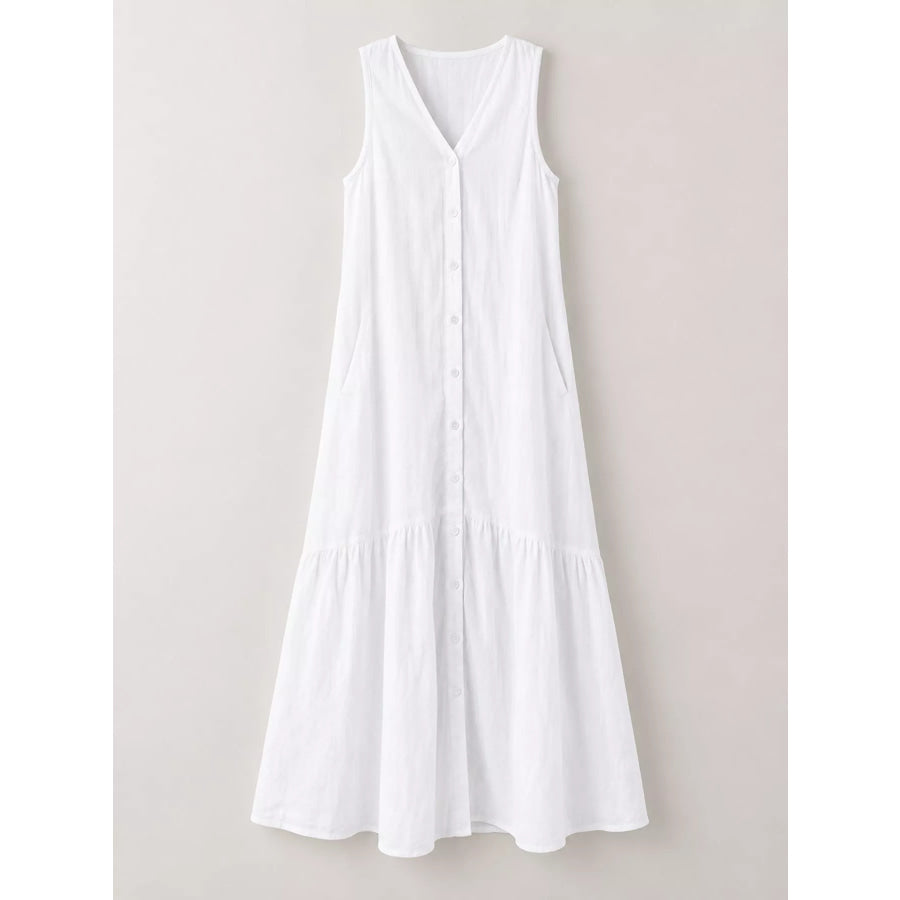 Full Size V-Neck Button Front Sleeveless Midi Dress Plus Apparel and Accessories