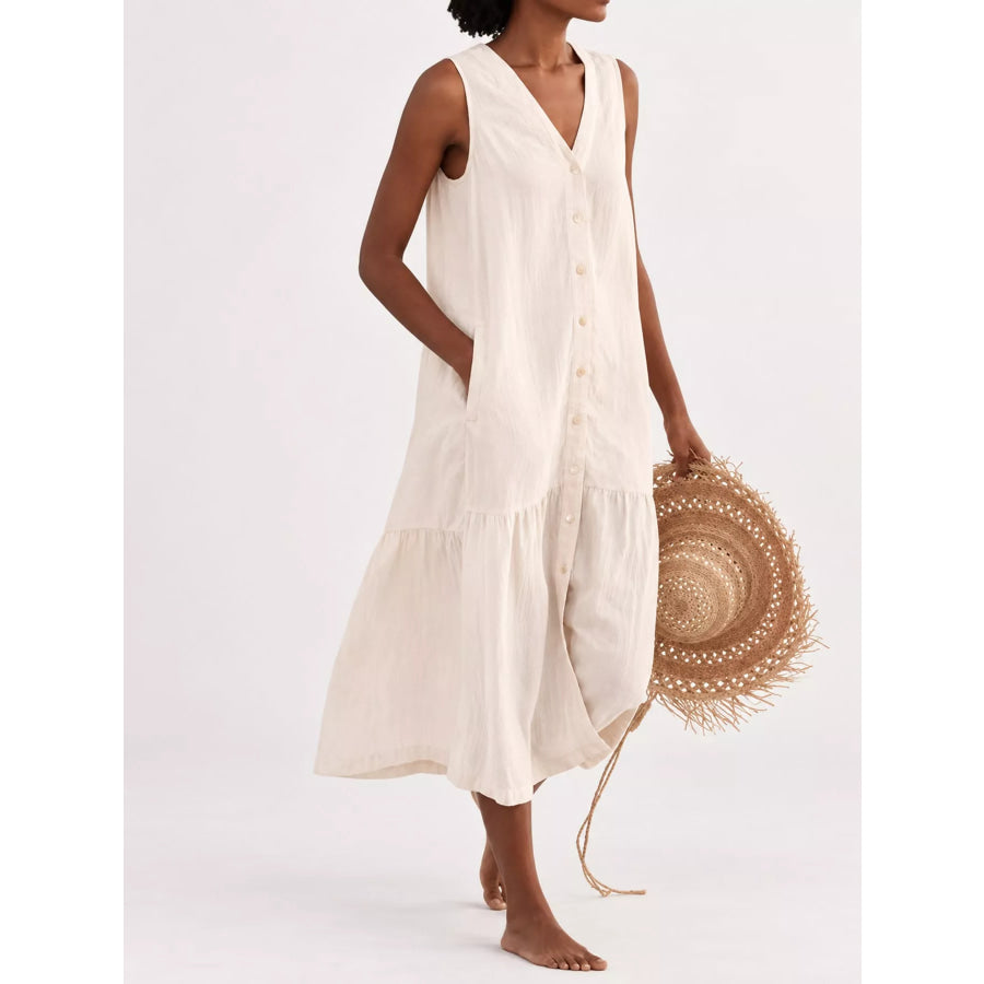 Full Size V-Neck Button Front Sleeveless Midi Dress Plus Apparel and Accessories