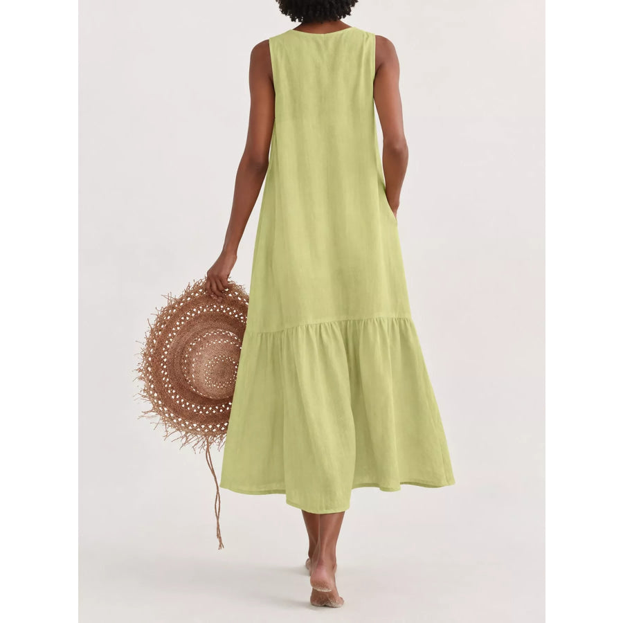 Full Size V-Neck Button Front Sleeveless Midi Dress Plus Apparel and Accessories