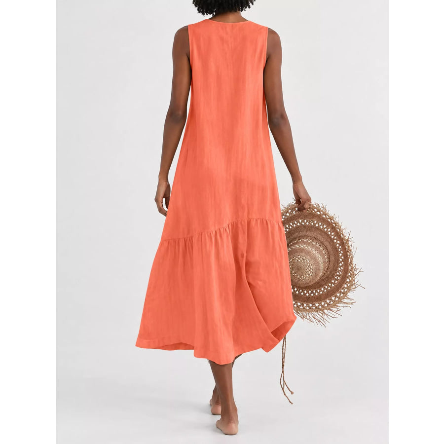 Full Size V-Neck Button Front Sleeveless Midi Dress Plus Apparel and Accessories