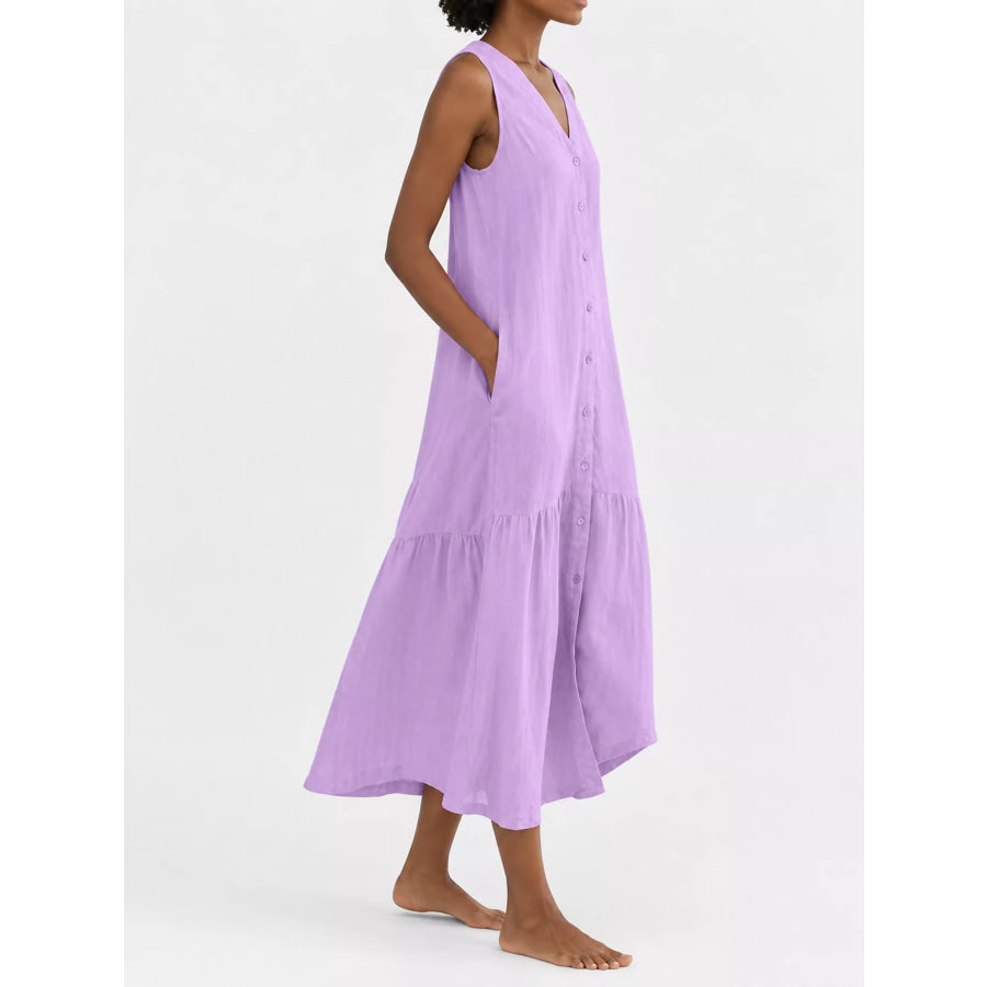 Full Size V-Neck Button Front Sleeveless Midi Dress Plus Apparel and Accessories