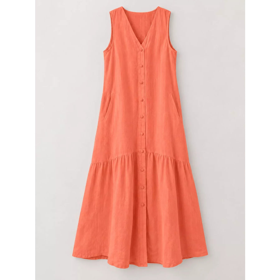 Full Size V-Neck Button Front Sleeveless Midi Dress Plus Apparel and Accessories