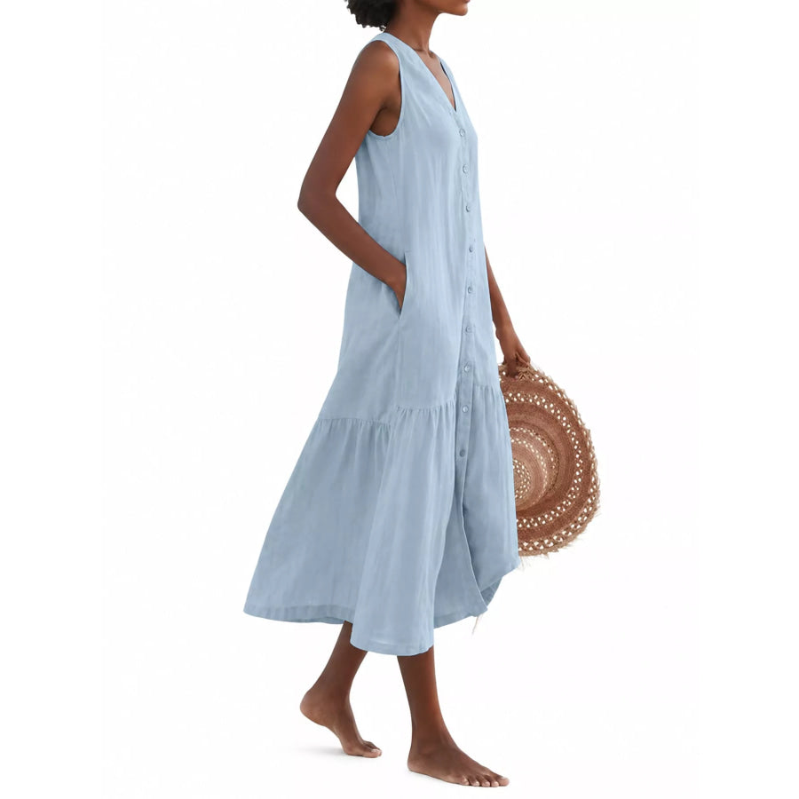 Full Size V-Neck Button Front Sleeveless Midi Dress Plus Apparel and Accessories