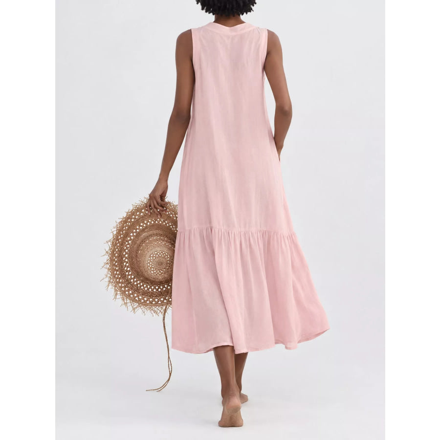 Full Size V-Neck Button Front Sleeveless Midi Dress Plus Apparel and Accessories
