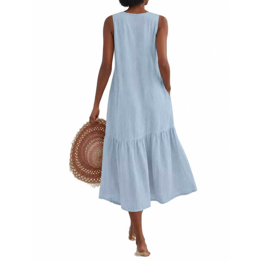 Full Size V-Neck Button Front Sleeveless Midi Dress Plus Apparel and Accessories