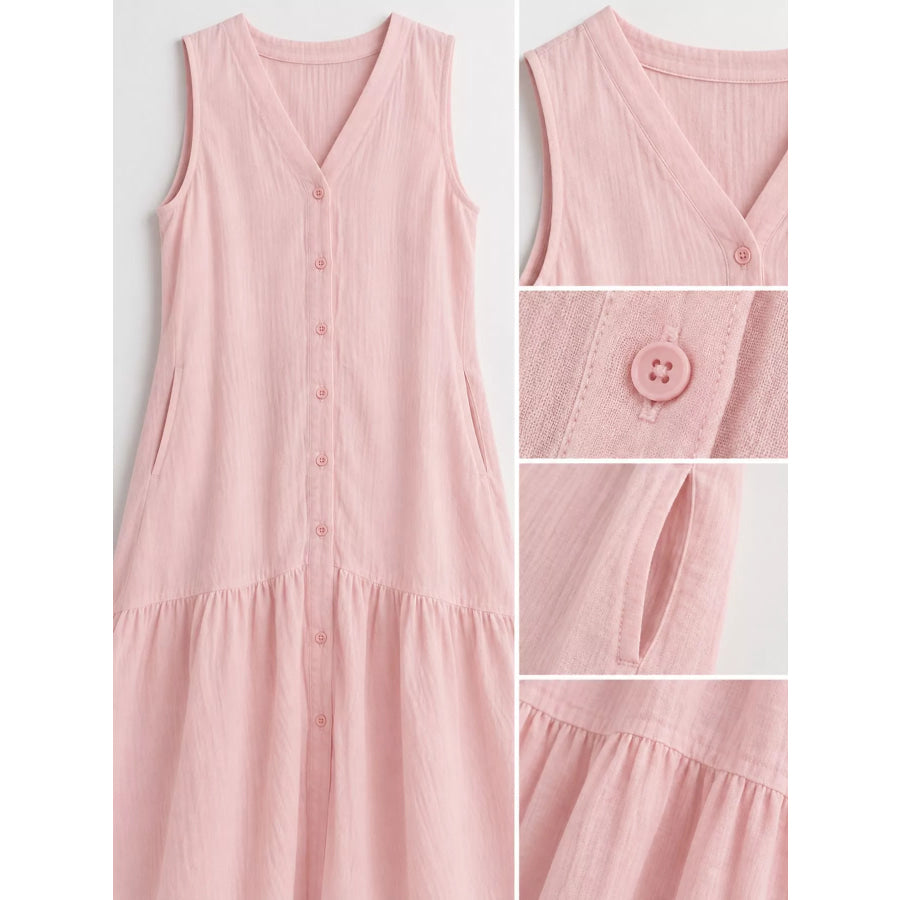 Full Size V-Neck Button Front Sleeveless Midi Dress Plus Apparel and Accessories