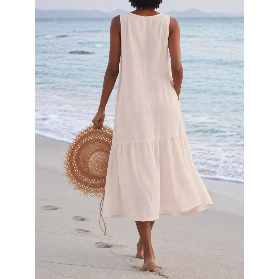 Full Size V-Neck Button Front Sleeveless Midi Dress Plus Apparel and Accessories