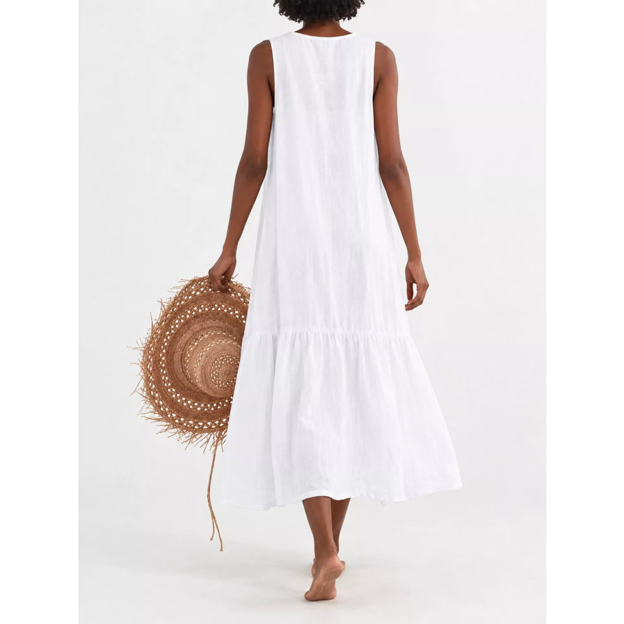 Full Size V-Neck Button Front Sleeveless Midi Dress Plus Apparel and Accessories