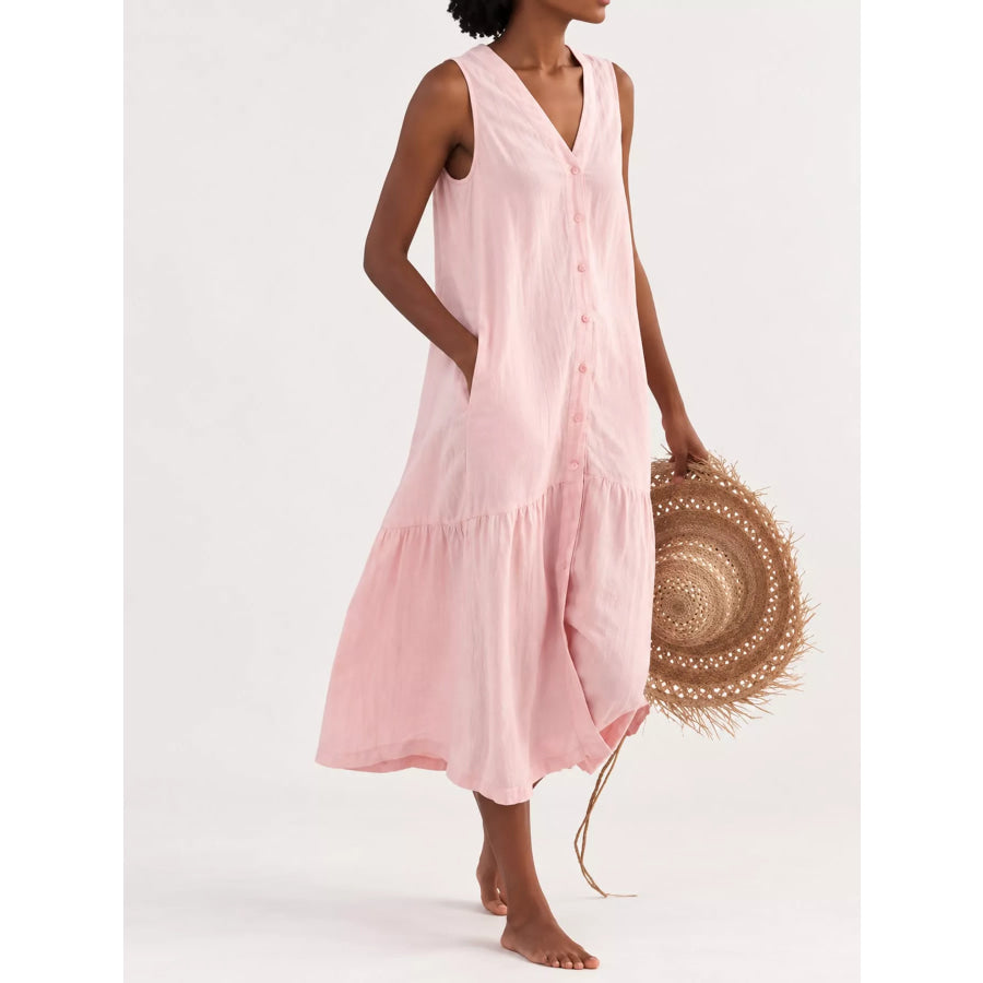Full Size V-Neck Button Front Sleeveless Midi Dress Plus Apparel and Accessories