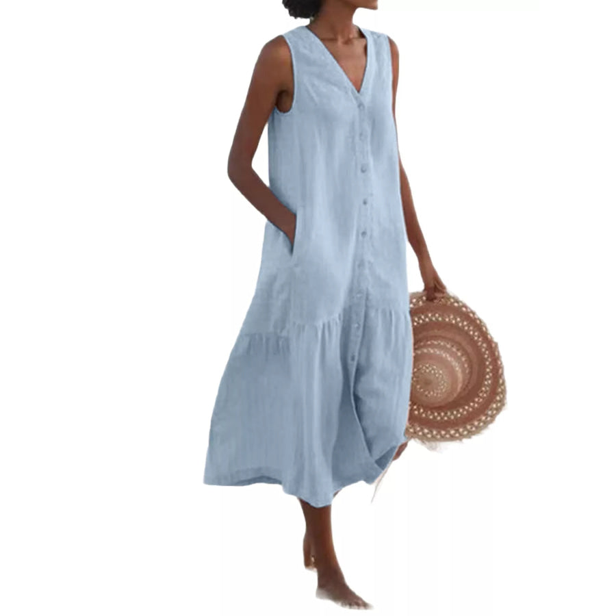Full Size V-Neck Button Front Sleeveless Midi Dress Plus Light Blue / S Apparel and Accessories