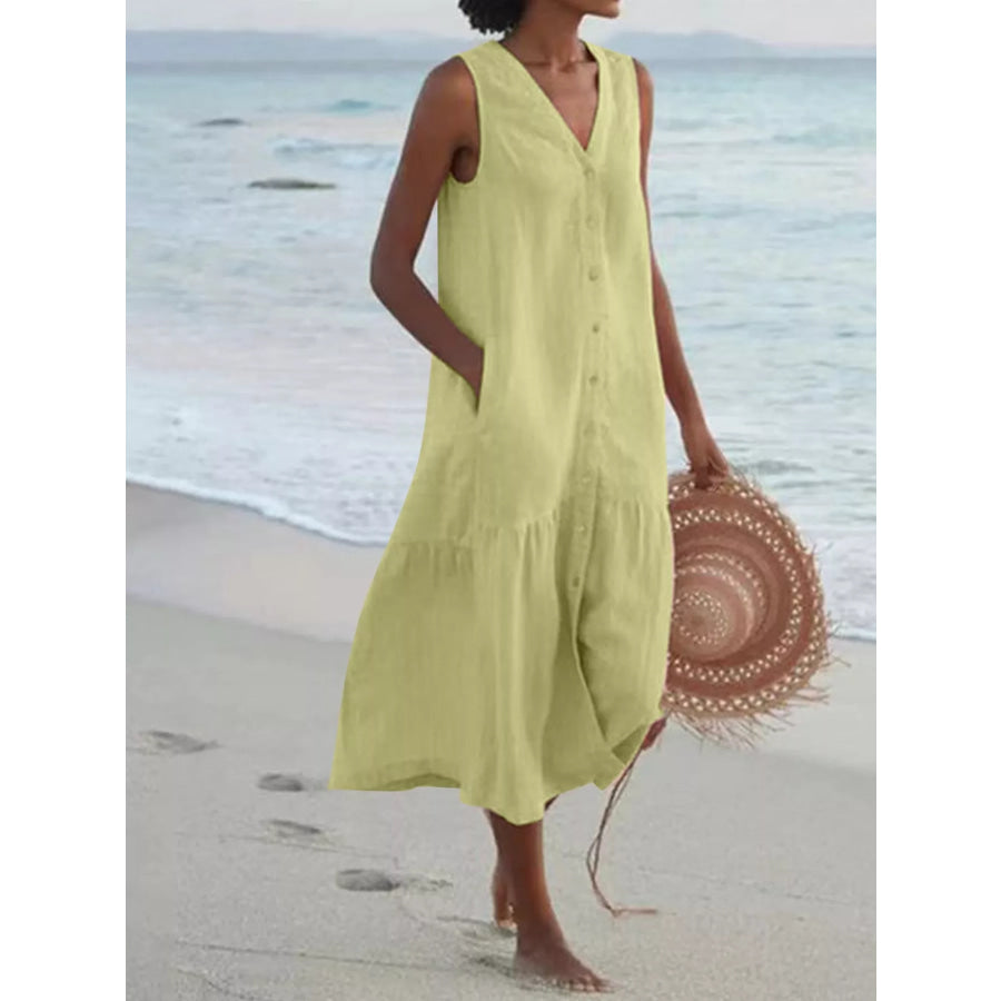 Full Size V-Neck Button Front Sleeveless Midi Dress Plus Light Green / S Apparel and Accessories