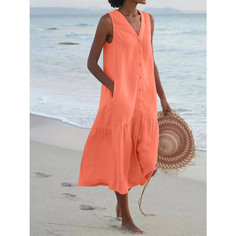 Full Size V-Neck Button Front Sleeveless Midi Dress Plus Orange Red / S Apparel and Accessories