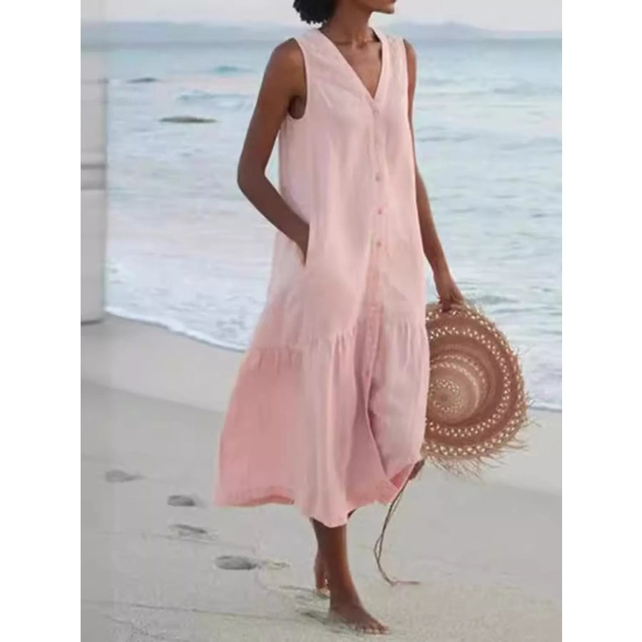 Full Size V-Neck Button Front Sleeveless Midi Dress Plus Pink / S Apparel and Accessories