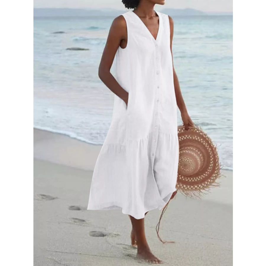 Full Size V-Neck Button Front Sleeveless Midi Dress Plus White / S Apparel and Accessories