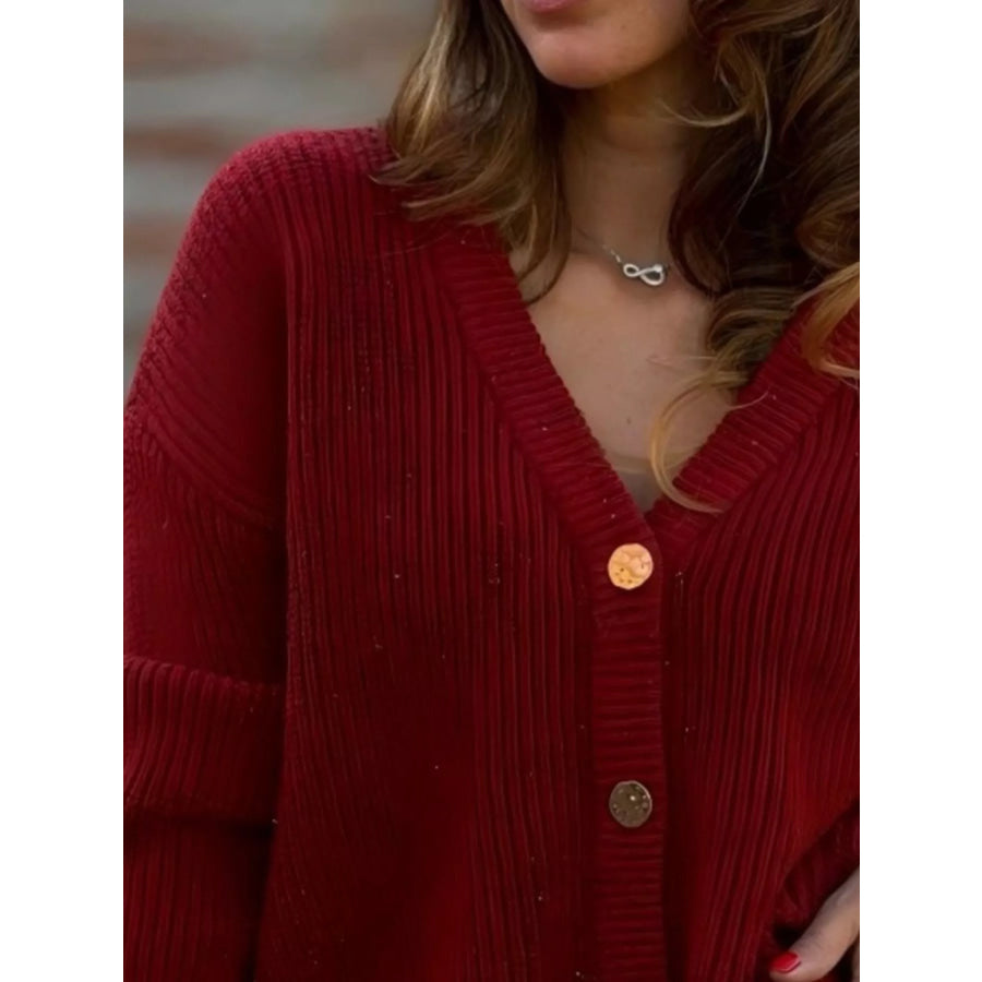 Full Size V-Neck Button-Up Cardigan Plus Size Red / S Apparel and Accessories