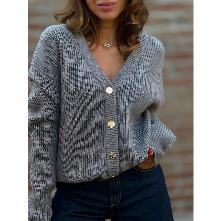 Full Size V-Neck Button-Up Cardigan Plus Size Dark Gray / S Apparel and Accessories