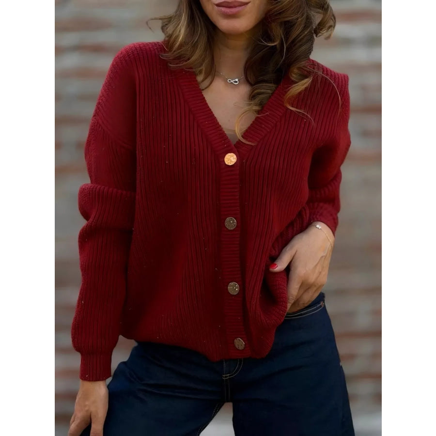 Full Size V-Neck Button-Up Cardigan Plus Size Red / S Apparel and Accessories