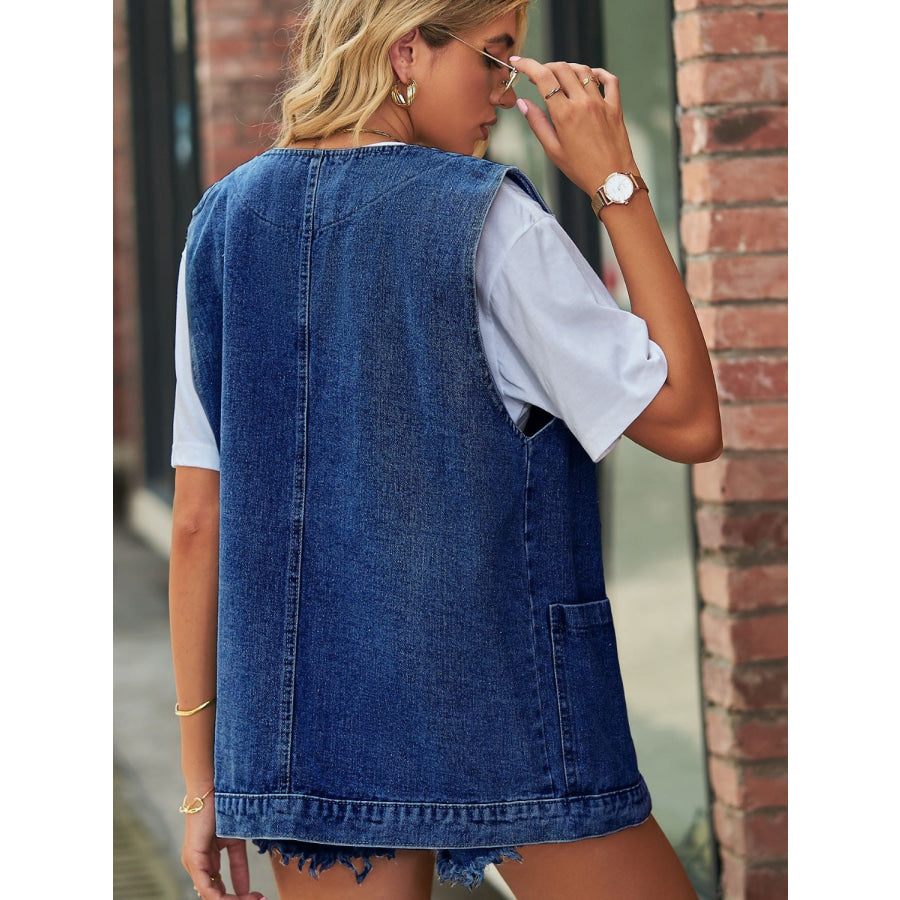 Full Size V-Neck Button Up Denim Vest Apparel and Accessories