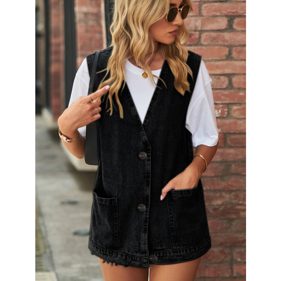 Full Size V-Neck Button Up Denim Vest Apparel and Accessories