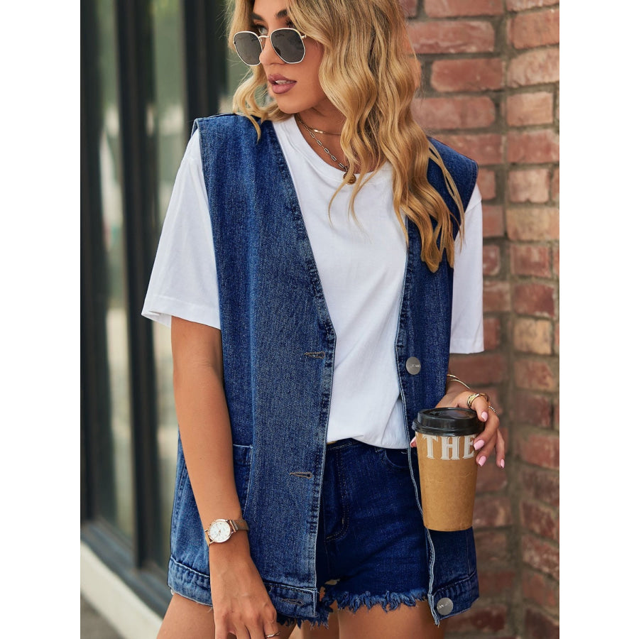 Full Size V-Neck Button Up Denim Vest Apparel and Accessories