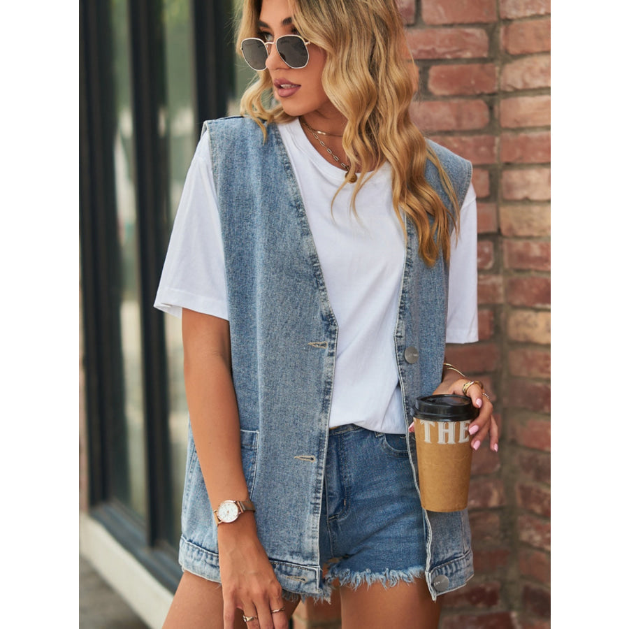 Full Size V-Neck Button Up Denim Vest Apparel and Accessories