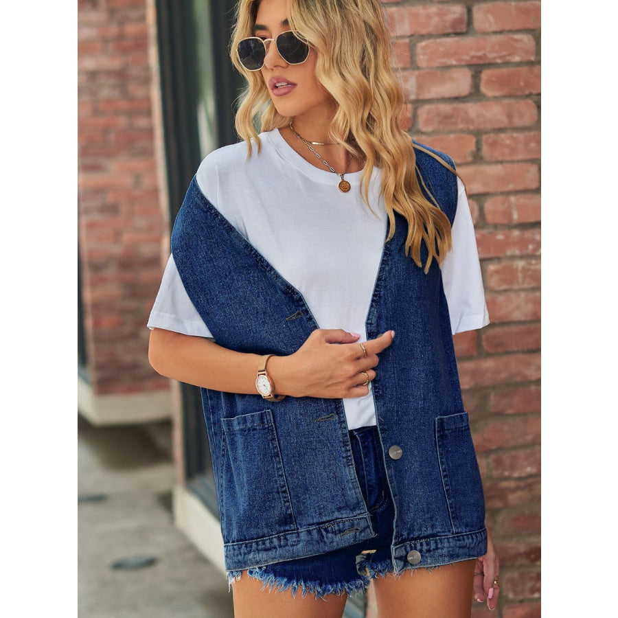 Full Size V-Neck Button Up Denim Vest Apparel and Accessories