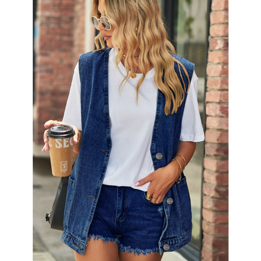 Full Size V-Neck Button Up Denim Vest Apparel and Accessories