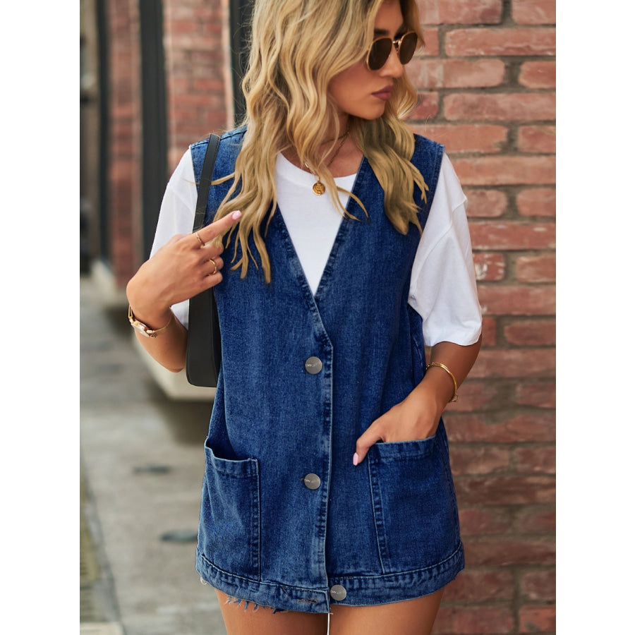 Full Size V-Neck Button Up Denim Vest Medium / S Apparel and Accessories