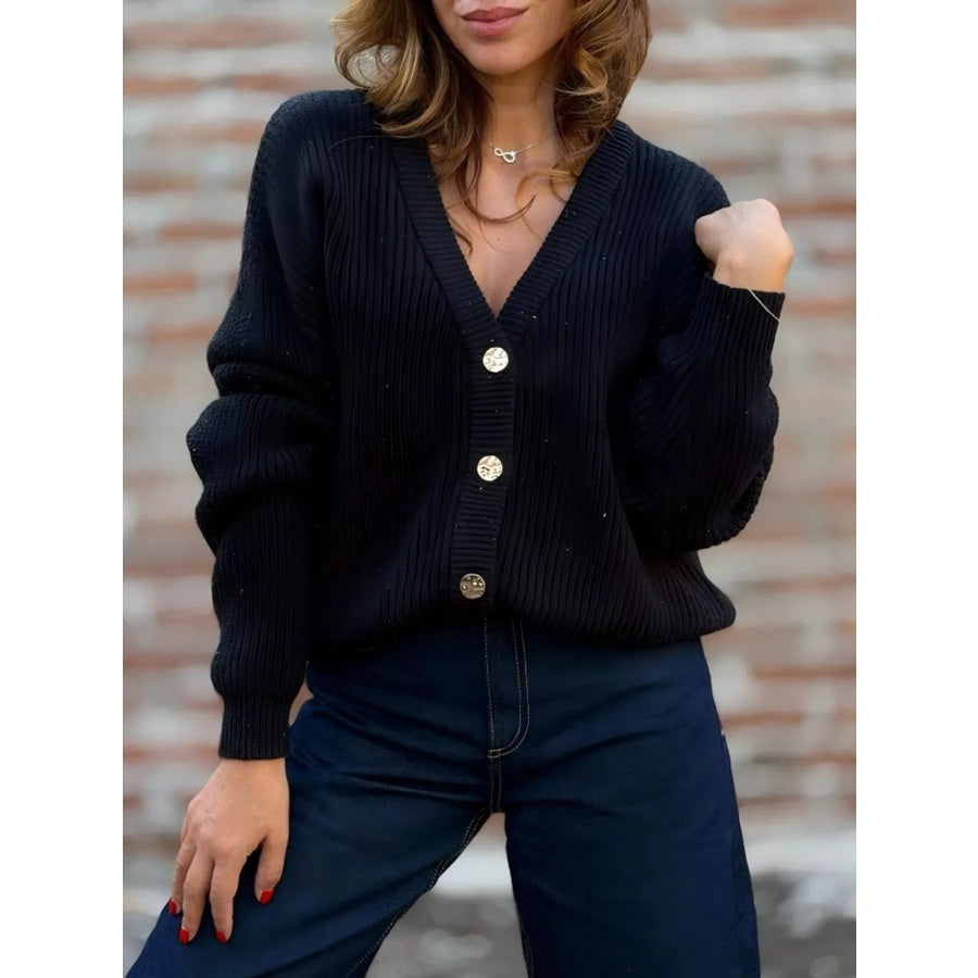 Full Size V-Neck Button-Up Knit Cardigan Plus Size Black / S Apparel and Accessories