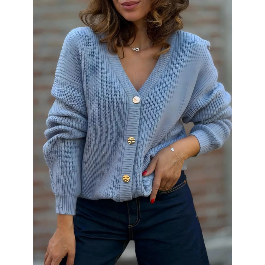Full Size V-Neck Button-Up Knit Cardigan Plus Size Blue / S Apparel and Accessories